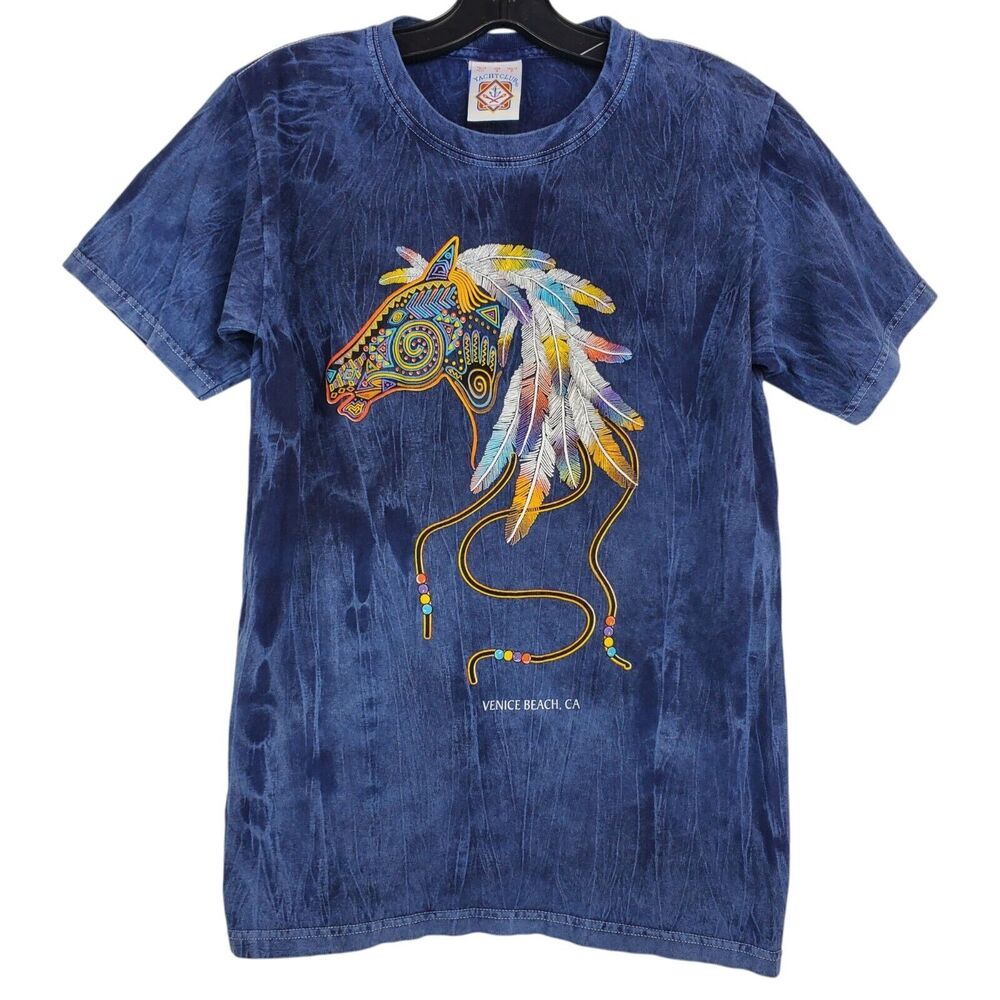 Vintage NATIVE AMERICAN Shirt Adult Small Multicolor Tie Dye HORSE BEAD Feathers